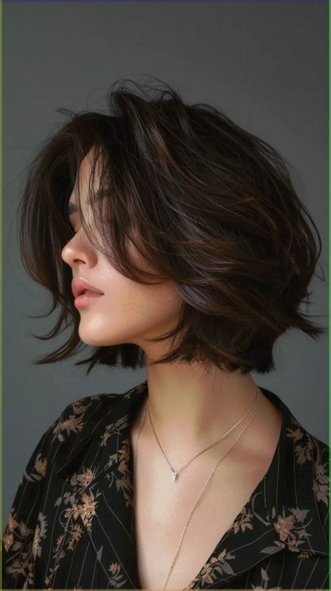 Bob For Coarse Thick Hair, Chin Length Hair Wavy Curls, Different Haircuts For Short Hair, Short Layered Bob Fine Hair, Women’s Haircuts Short, Short Hairstyle Women With Long Bangs, Short Haircuts For Voluminous Hair, Feminin Short Haircut, Shaped Bob Hairstyles