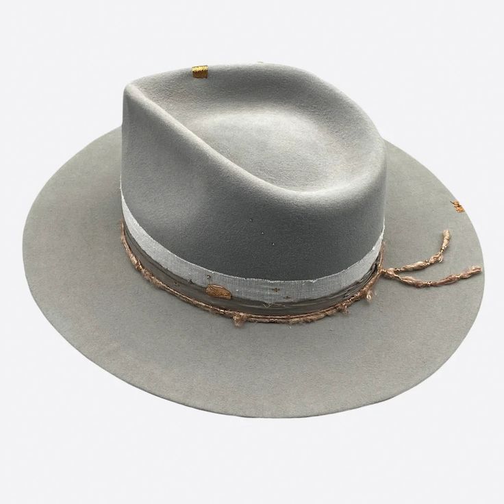 A classic felt fedora hat in light grey with rose gold details. Pair this beauty with any summer outfit to give that extra special touch to your look. White linen & vintage silk ribbons Silk thread with 18k rose gold tubular beads 18k rose gold plated over sterling silver Wavy disc 24k gold plated crimp beads 18k rose gold faceted beads 18k gold over sterling silver Triangle charm 100% silk interior lining 100% fur felt Sweatband with ‘more self love’ inspirational quote All hats are unique and More Self Love, Crimp Beads, Felt Fedora, Western Hats, Fedora Hat, Silk Thread, Silk Ribbon, Vintage Silk, Faceted Bead