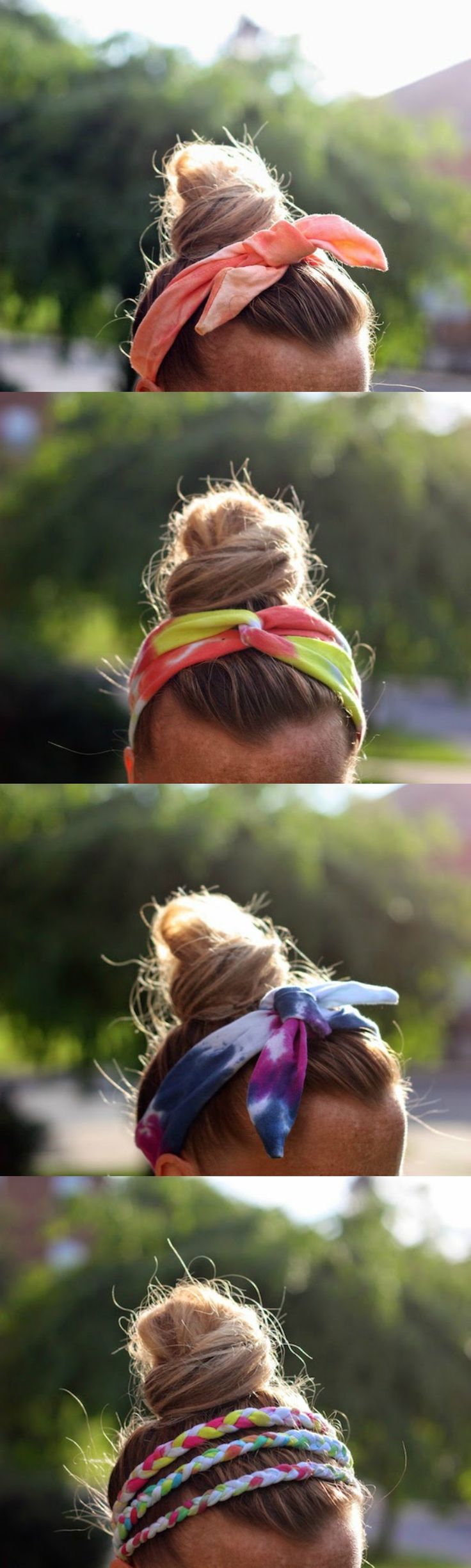 four different pictures of the same woman's head with various hair ties in her hair