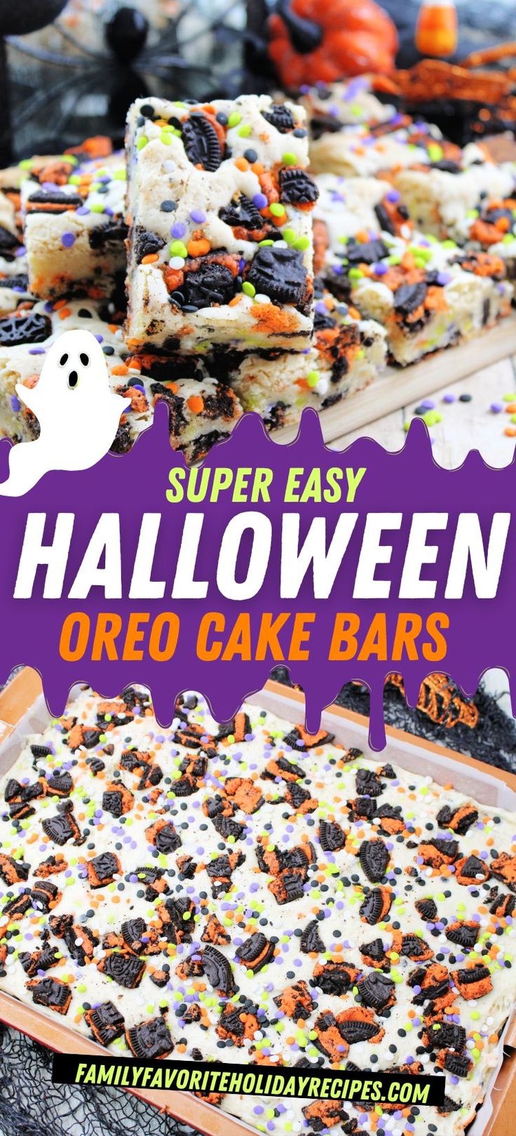 halloween oreo cake bars with sprinkles and candy on the top are ready to be eaten