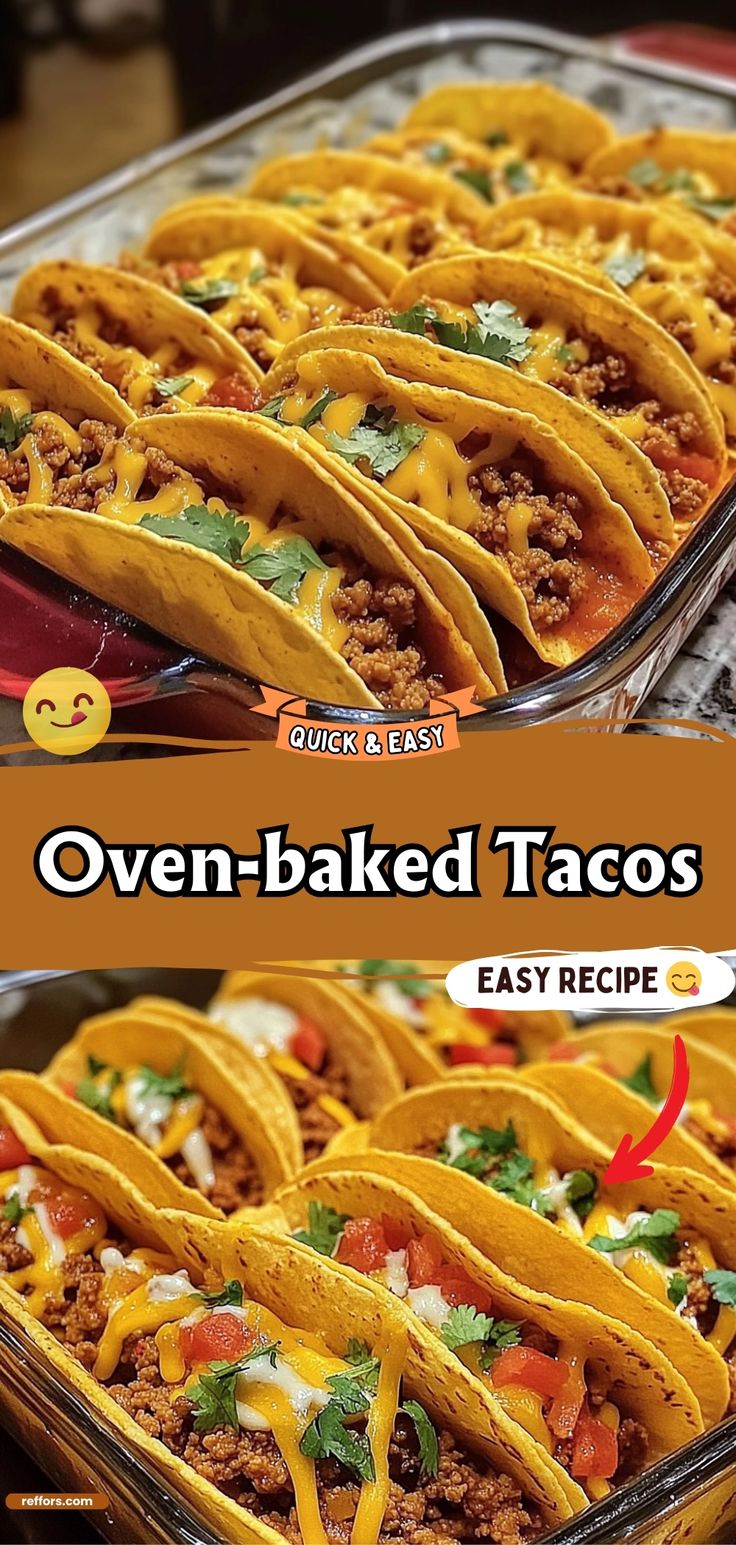 several tacos are in a baking dish with the words oven - baked tacos