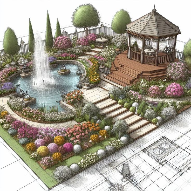 an artistic rendering of a garden with a fountain and gazebo in the center, surrounded by trees