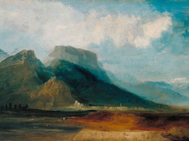 a painting with mountains in the background