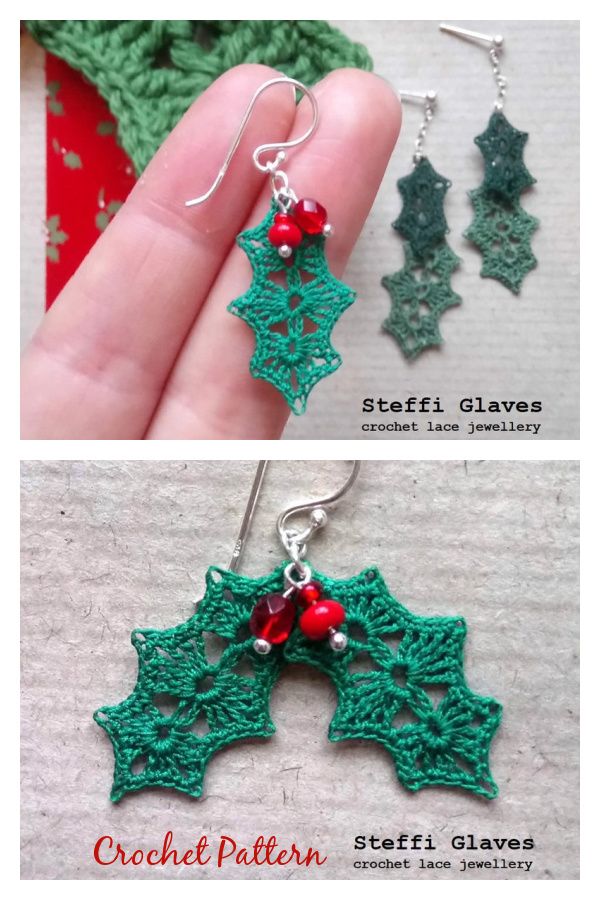 crochet pattern for christmas holly earrings