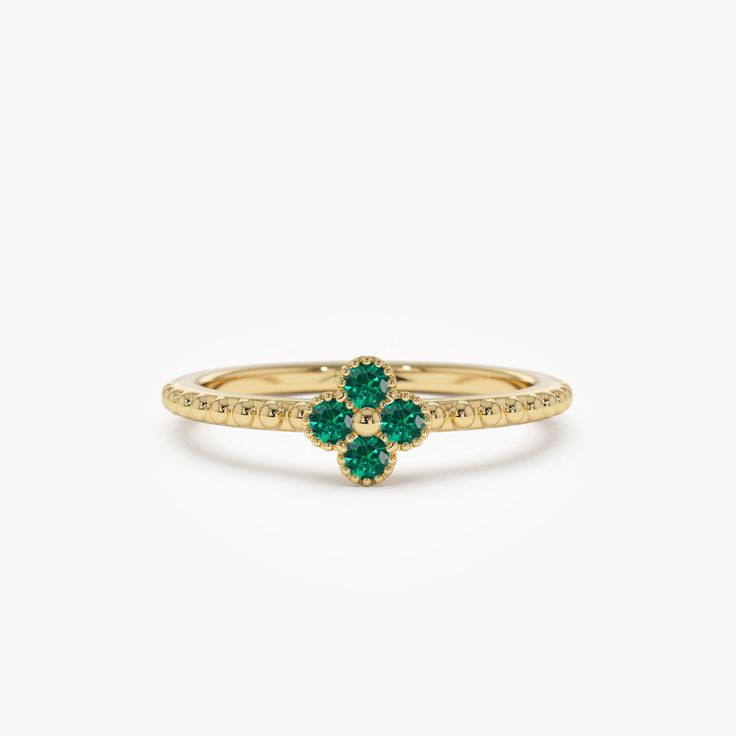 Emerald Ring / 14k Gold Emerald Clover Ring / Dainty Stacking Ring / Unique Emerald Trendy Ring / May Birthstone Birthday Gift ▶ Details   * Made to Order. * Gold KT: 14K Solid Gold (also available in 18K & Platinum upon request) * Custom Gold Color: Rose Gold, Yellow Gold, White Gold * Round Emeralds: 4 pcs x 2.0 MM  * Total CTW: 0.12 ctw * Ready to Ship in 3-10 Business Days ▶ See more of our Emerald Jewelry - https://etsy.me/3QCyZBQ  ▶ See our storefront here - http://etsy.me/2lUcVnH  ▶ All store sections here  Diamond Rings - http://etsy.me/2lwKUl8  * Diamond Earrings - http://etsy.me/2lyqVBP  * Diamond Necklace - http://etsy.me/2mqa6O1  * Diamond Bracelets - http://etsy.me/2mVrAB5  * Diamond Wedding Rings - https://etsy.me/3YbpVq2  * Gold Wedding Band - https://etsy.me/3X3uf9F  * Gold 14k Gold Birthstone Cluster Ring, 14k Gold Cluster Ring With Birthstone, Yellow Gold Cluster Ring With Accent Stones For Promise, Emerald Cluster Ring In Yellow Gold For May Birthstone, Yellow Gold Emerald Cluster Ring For May Birthstone, 14k Gold Cluster Ring Gift, Anniversary Cluster Ring With May Birthstone, Emerald Cluster Ring In Yellow Gold For Promise, Green Cluster Ring With Prong Setting