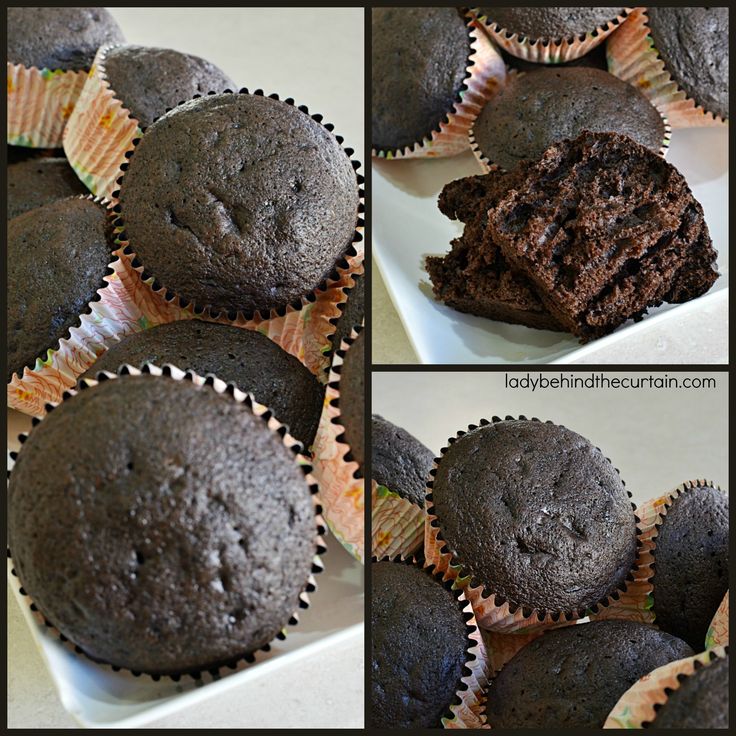 multiple pictures of chocolate muffins on a plate