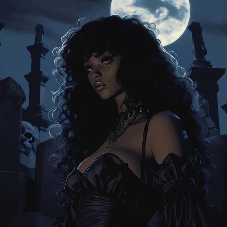 a woman with long black hair standing in front of a full moon