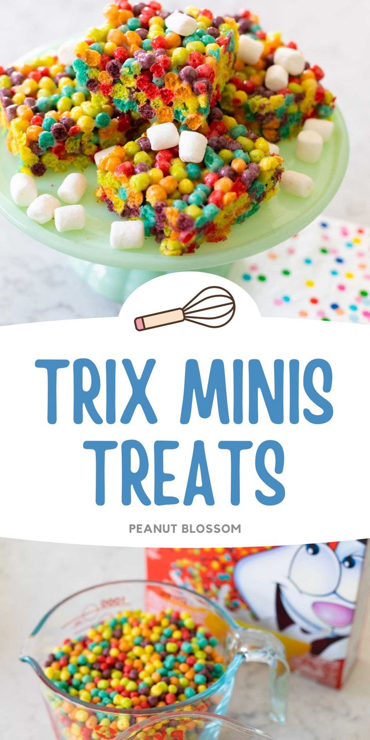 a close up of a plate of food with cereal on it and the title overlay reads, trix minis treats