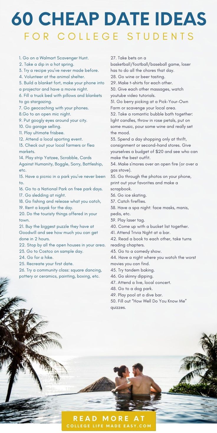 a couple in the water with text that reads, 60 cheap date ideas for college students