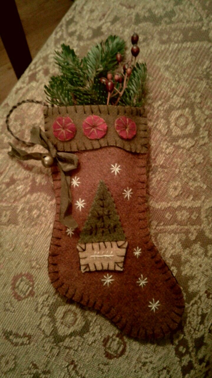 a christmas stocking on the floor with decorations