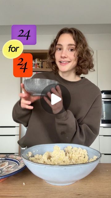 a woman holding a bowl full of food in front of her face with the words for 24 on it