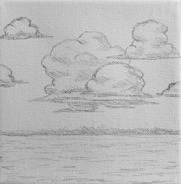 a pencil drawing of clouds over water