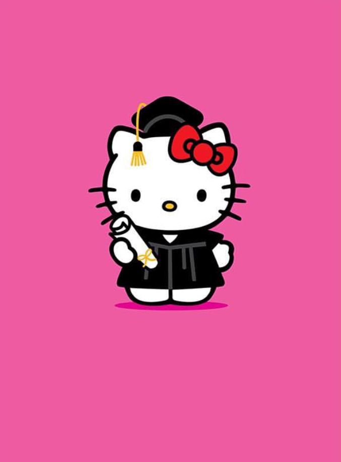 the hello kitty wallpaper is pink and has a black graduation cap on it's head