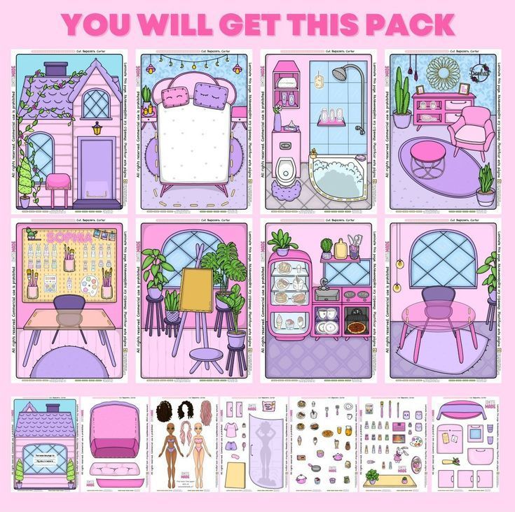 an image of a dollhouse with furniture and accessories in pink, purple and blue colors