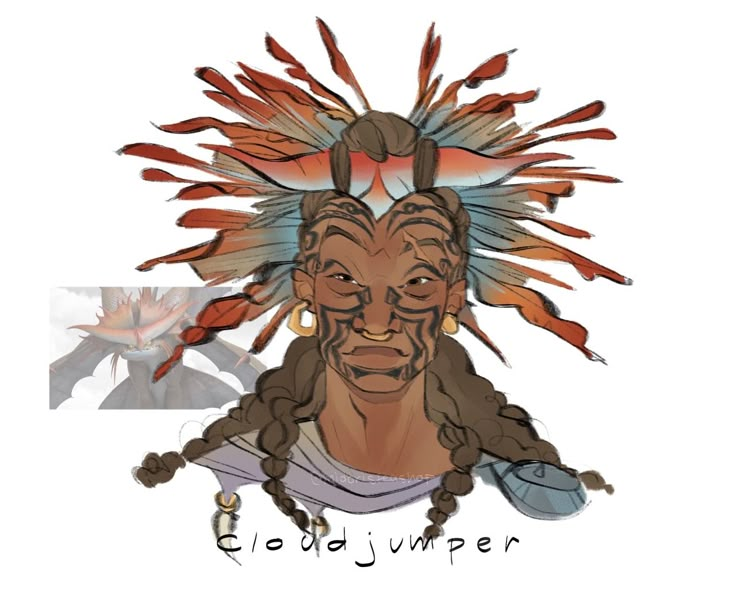 a drawing of a woman with feathers on her head and the words elodjumper written below it