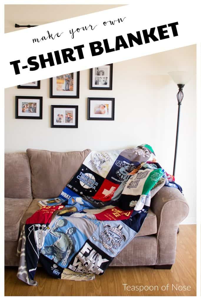 a couch covered in t - shirt blankets with the text, make your own t - shirt blanket