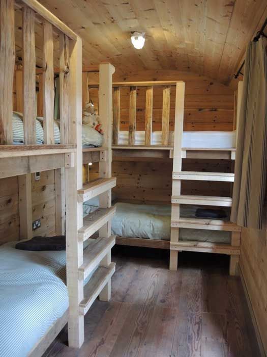 bunk beds in a cabin with wooden walls