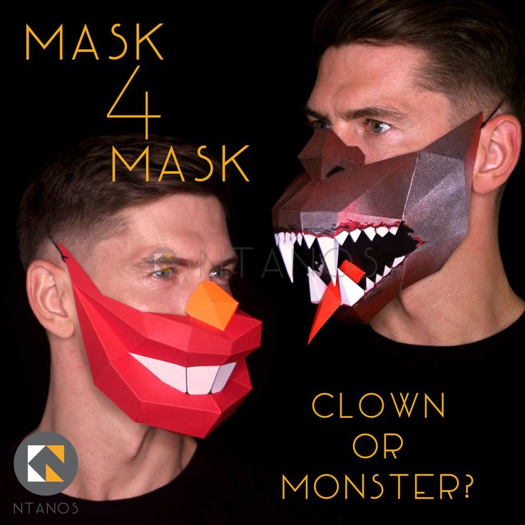 two men with masks on their faces and one wearing a red mask that says clown or monster?