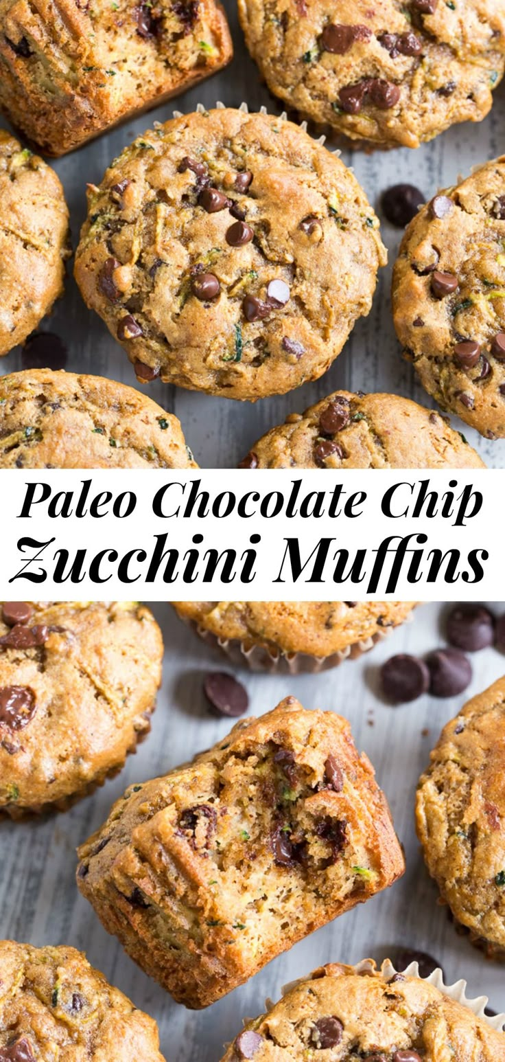 paleo chocolate chip zucchini muffins on a baking sheet with text overlay