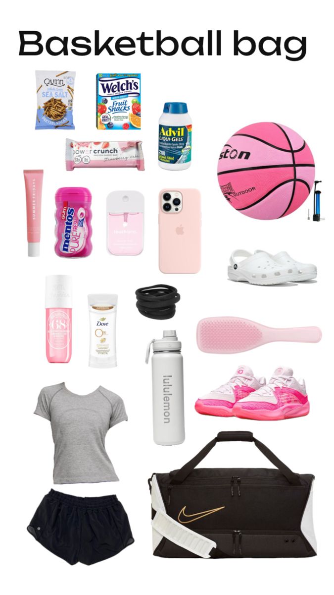 the contents of a basketball bag are shown in black and white, with pink accents