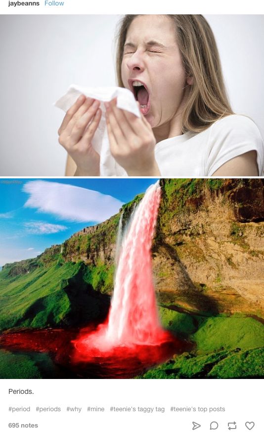 two pictures one with a waterfall and the other with a woman holding a tissue paper in front of her mouth