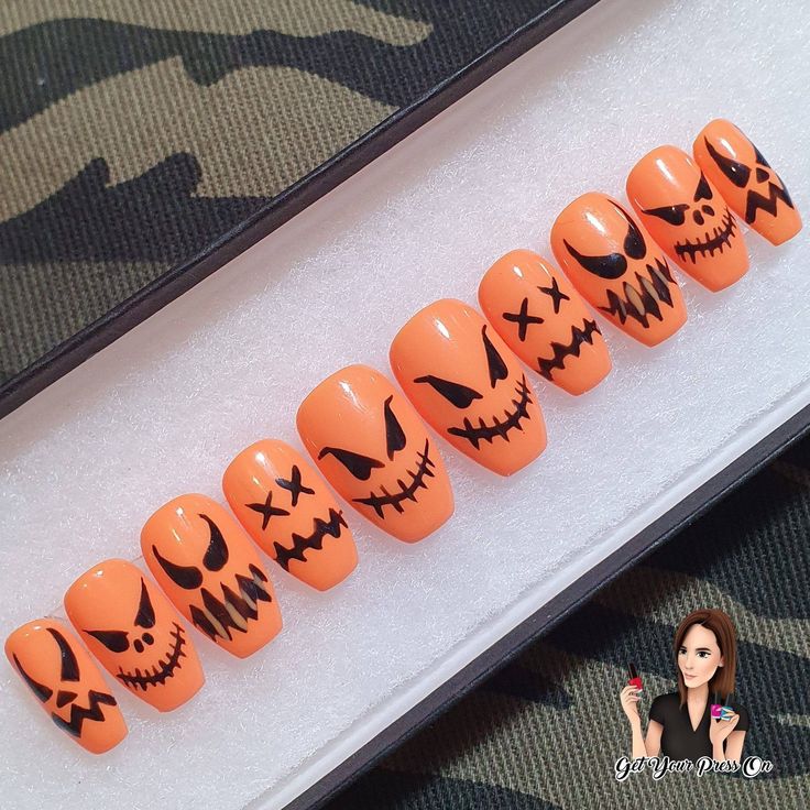 "Custom Order! Sinister Halloween Pumpkin Faces!" Pumpkin Face Nails, Jackolantern Nails, Pumpkin Nail Design, Halloween Nails Pumpkin, Halloween Pumpkin Nails, Halloween Pumpkin Faces, Halloween Mail, Pumpkin Face Designs, Pumpkin Nail Designs