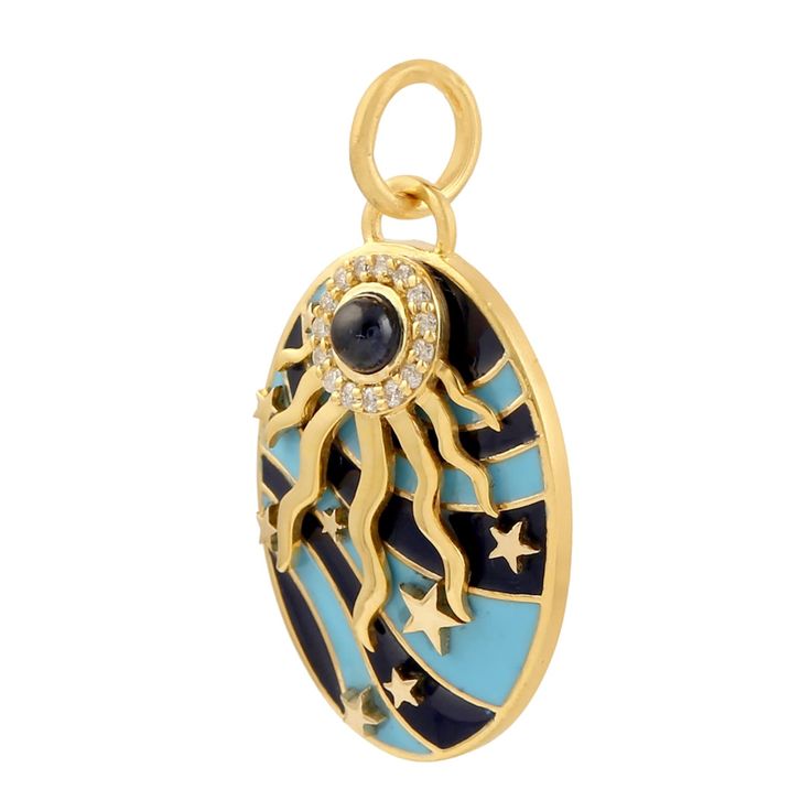 Modern style gemstone diamond jewelry. This Pendant is made of gold and diamond gemstone material and is capable of reflecting some light to produce a natural glow. A unique feature found only in premium jewelry. This Pendant is handmade in 14k Yellow Gold : 2. 788 grams , and Diamond : 0. 06 cts , Blue Sapphire : 0. 25 cts (ANT-6316)  This jewelry is made by hand featuring detailed workmanship. Be careful to avoid dropping or banging as physical impacts can result in damage to the pieces includ Celestial 14k Gold Gemstone Jewelry, Yellow Gold Celestial Jewelry With Single Cut Diamonds, Round Sapphire Fusion Jewelry, Fine Jewelry With Sapphire And Single Cut Diamonds, Celestial Gold Jewelry With Cubic Zirconia, Yellow Gold Sapphire Jewelry With Gemstone Accents, Celestial Style 14k Gold Jewelry With Gemstones, Celestial Gold Gemstone Jewelry, Luxury Sapphire Jewelry With Single Cut Diamonds