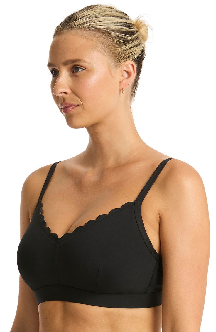 Scalloped details soften the edges of this bikini top designed with supportive powermesh and side boning. Clasps at back Adjustable, convertible straps Side boning 85% recycled nylon, 15% elastane Hand wash, dry flat Imported Fitted Swimwear With Removable Bra Pads For Yoga, Sports Tankini With Underwire And Seamless Design, Stretch Bra For Swimming, Fitted Sports Bra With Removable Pads, Sea Level, Convertible, Tops Designs, Hand Wash, Nordstrom