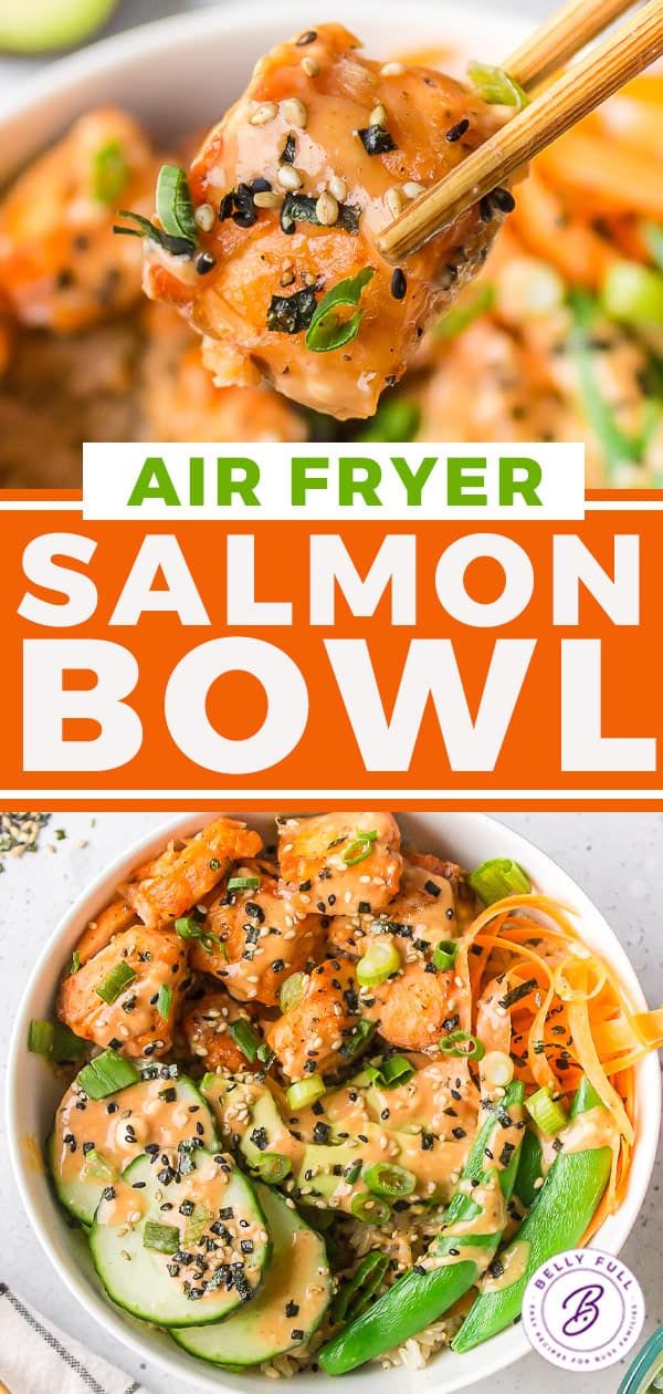 the cover of air fryer salmon bowl with chopsticks