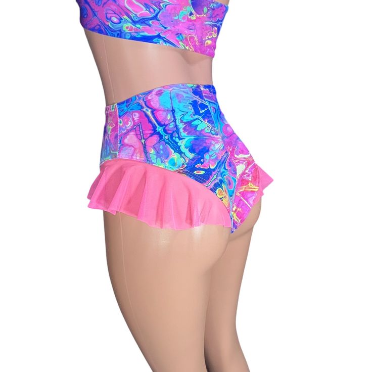 Ruffle Bikini Bottom High-Waisted Cheeky Hot Pants in Rainbow Vapor - Peridot Clothing Fitted Party Bottoms With Built-in Shorts, Flirty Bottoms With Built-in Shorts And Stretch, High Waist Shorts For Cheerleading In Summer, Pink Fitted Dancewear Bottoms, Fitted Pink Dancewear Bottoms, Pink Rave Swimwear For Party, Pink Dancewear Bottoms For Dance, High Stretch Dancewear Bottoms For Dance, Fitted High Waist Shorts For Club