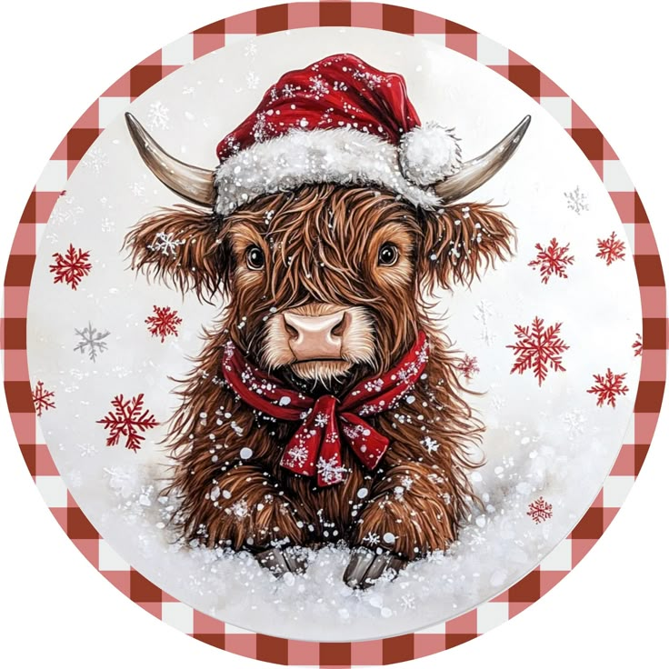 .  Bring rustic charm to your holiday decor with our "Holiday Highland Cattle" metal wreath sign. Featuring an adorable Highland cow dressed in a festive Santa hat and a cozy red scarf, this sign captures the joy and warmth of the season. It's perfect for adding a whimsical touch to your front door or as a unique gift for farm animal lovers. Crafted to enhance your holiday ambiance, this durable metal sign is designed to last for many winters to come. 8", 10", 11.75" Round Sublimated Sign 🔶 These signs are great to use on wreaths, as wall hangings or placed on an easel and use as home decor. 🔶Signs can easily be attached to your deco mesh or grapevine wreaths by adding holes with a metal jewelry punch (not included). 🔶Each sign is handmade with high-quality, .025 gauge aluminum. Each si Coaster Svg, Busted Canvas, Highland Calf, Wreath Frames, Gift Wreath, Spirit Gifts, Highland Cattle, Grapevine Wreaths, Christmas Painting