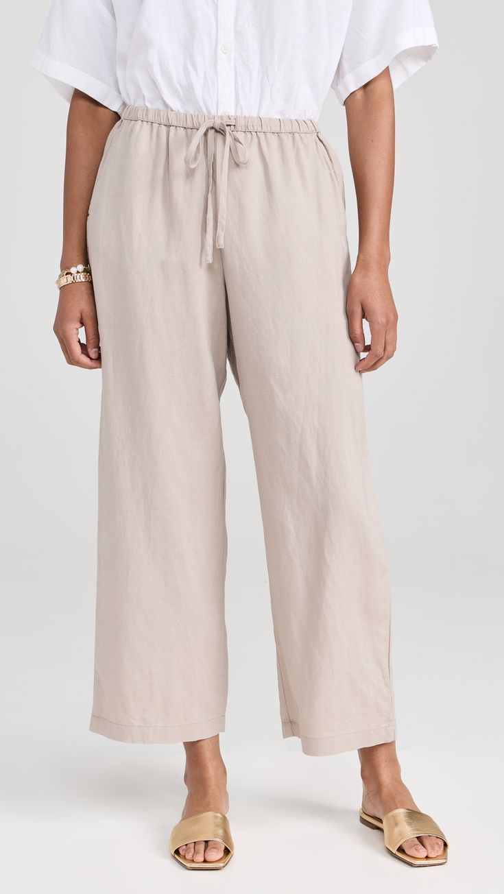 Chic Linen Pull-on Pants, Beige Linen Pants With Drawstring, Chic Linen Drawstring Bottoms, Beige Linen Drawstring Pants, Spring Linen Pants With Pull-on Style, Spring Linen Pull-on Pants, Ankle-length Linen Pants With Drawstring, Linen Drawstring Relaxed Fit Pants, Neutral Straight Hem Bottoms For Spring