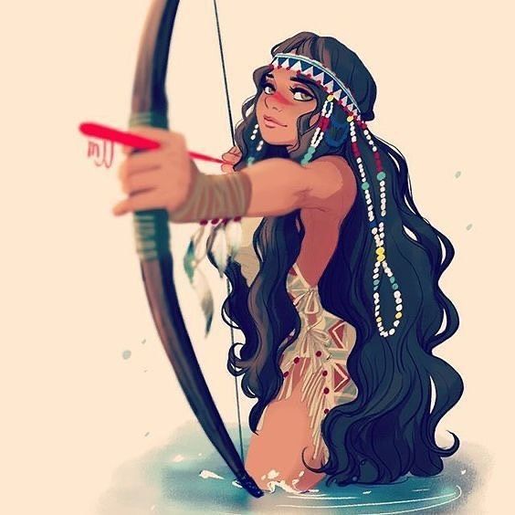 a woman with long hair holding a bow and arrow