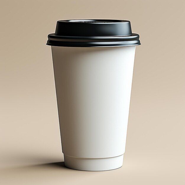 a white coffee cup with a black lid on a beige background is seen from the side