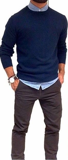 Navy Blue Sweater Outfit, Chinos Men Outfit, Blue Sweater Outfit, Grey Jeans Outfit, Smart Attire, Sweater Outfits Men, Dark Blue Sweater, Dark Grey Jeans, Minimalist Fashion Men