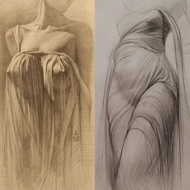 two different colored pencil drawings of women's dresses