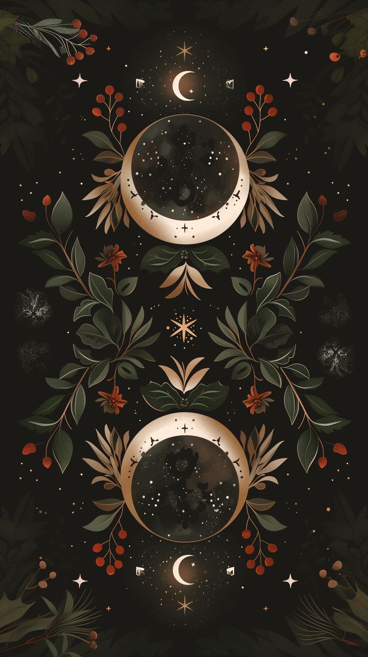 the moon and stars are surrounded by leaves