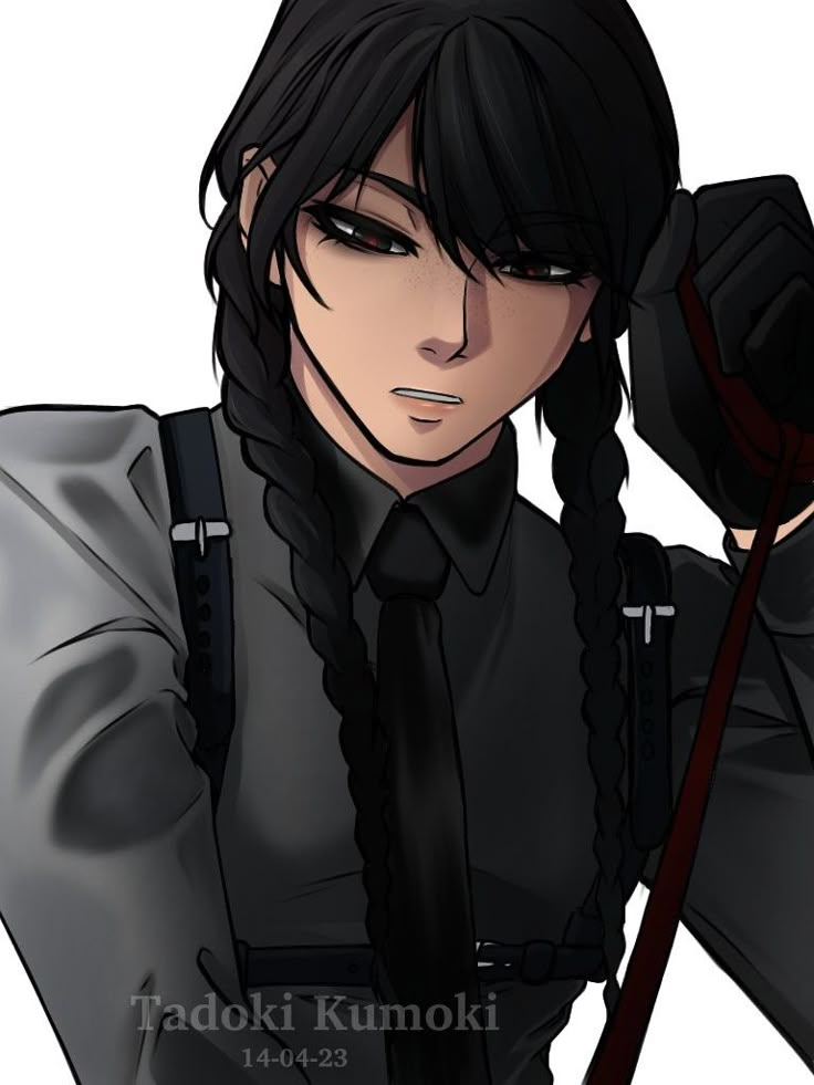 an anime character with long black hair and braids, holding a cane in his hand