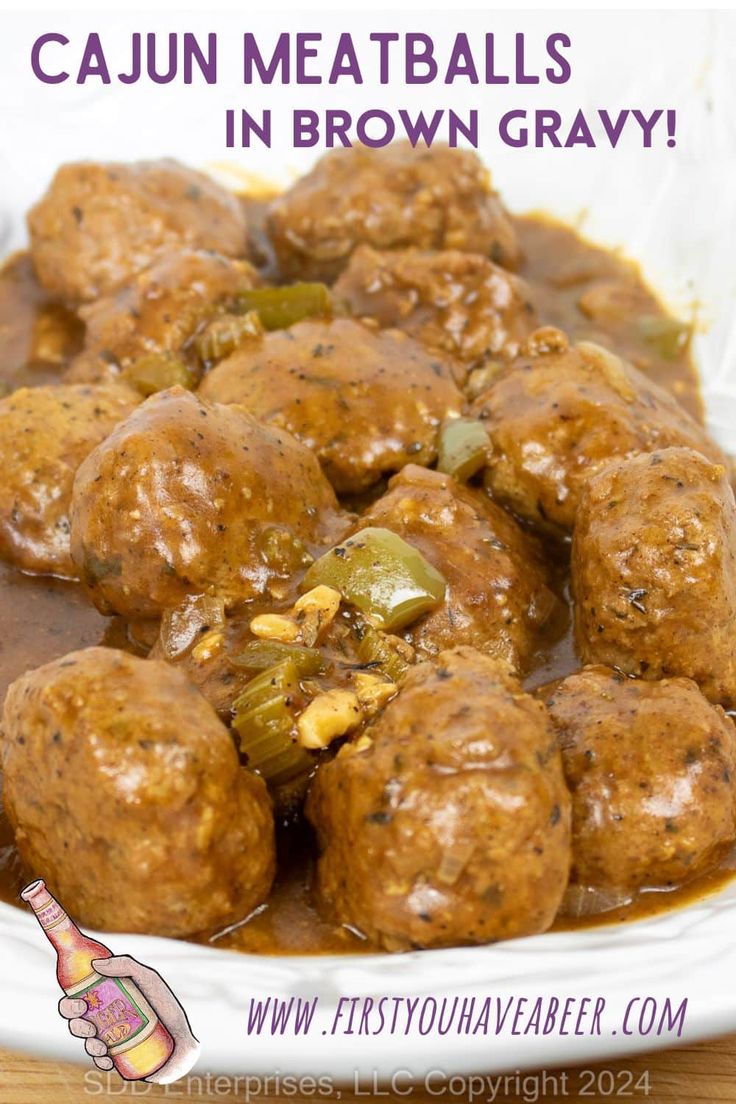 meatballs in brown gravy with jalapenos on the side and text that reads, cajun meatballs in brown gravy