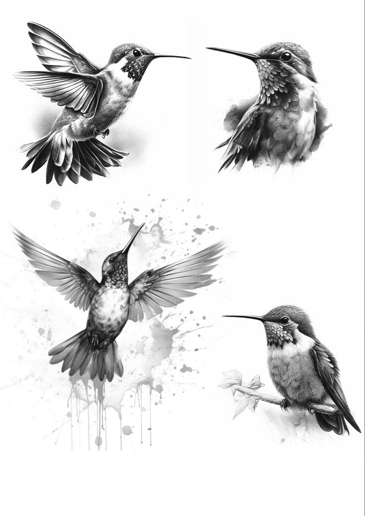 three hummingbirds flying in the air with their beaks open and wings spread out