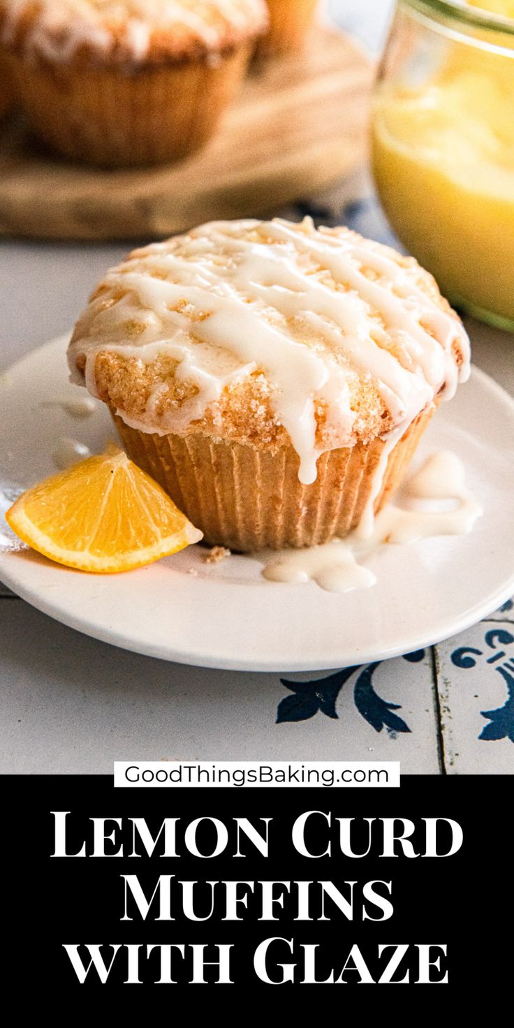 lemon curd muffins with glaze on a plate