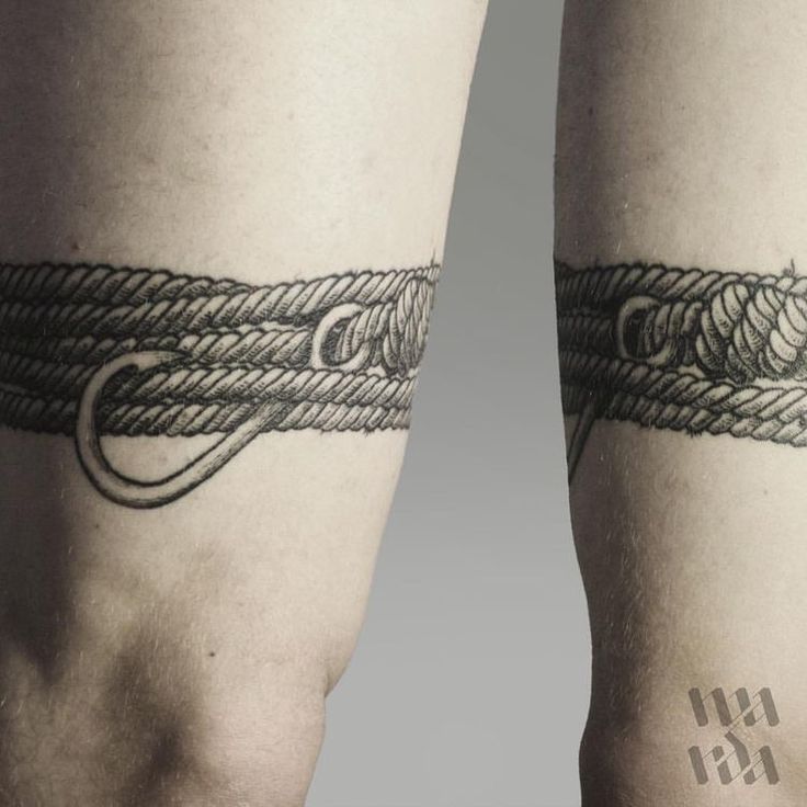 two tattoos on the legs of people who are tied up to each other with ropes