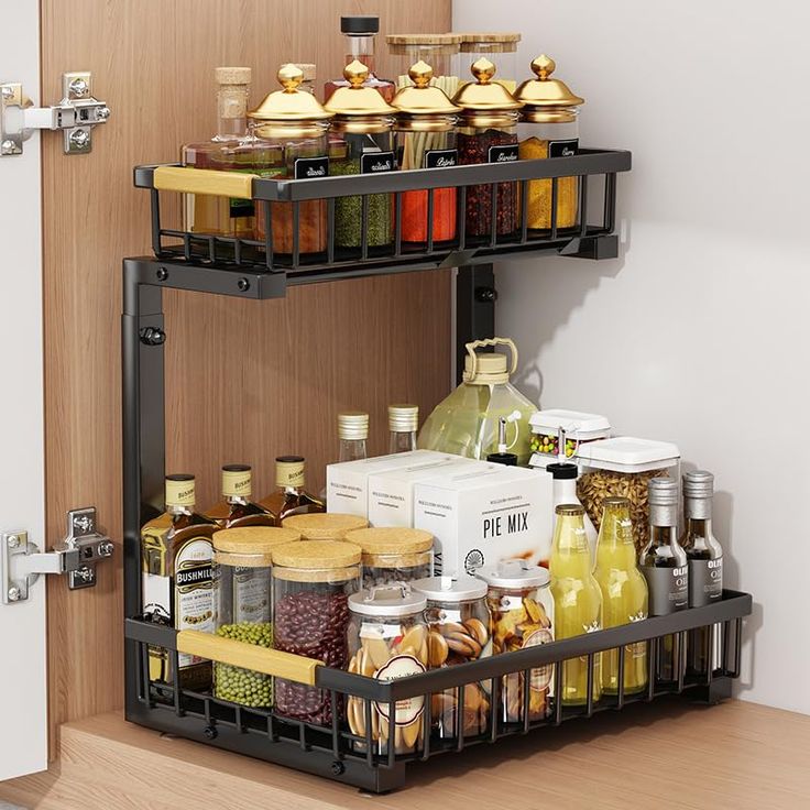 two shelves with spices and condiments in them