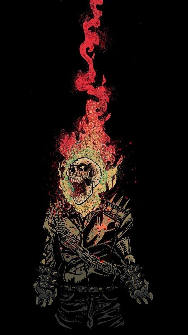 a skeleton sitting in front of a fire with flames coming out of his head and arms