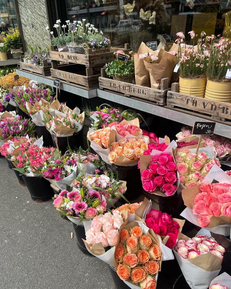 many different types of flowers on display at a flower shop