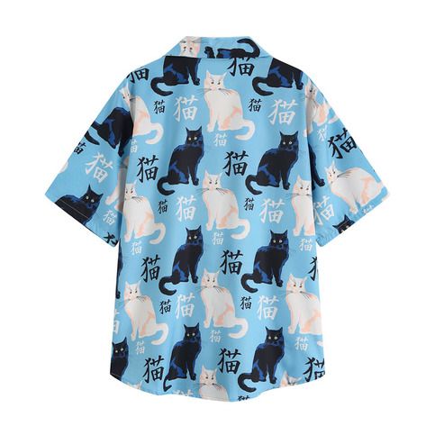 CAT BLOUSE sold by OCEAN KAWAII on Storenvy Summer Multicolor Cat Print Tops, Multicolor Cat Print Tops For Summer, Spring Collared Printed T-shirt, Patterned Camp Collar Top With All Over Print, Patterned Top With All Over Print And Camp Collar, Patterned Top With Camp Collar And All Over Print, Blue Cartoon Print Shirt For Spring, Blue Cat Print Summer Tops, Blue Cat Print Tops For Summer