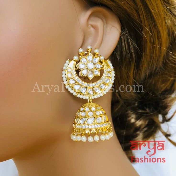 Jadau Pacchi Kundan Rajwadi Jhumka Earrings Heavy White Chandelier Earrings For Festive Occasions, Kundan Jhumkas For Ceremonial Occasions, White Kundan Chandbalis With Cutdana, White Chandbalis With Intricate Design For Festive Occasions, Festive White Cutdana Bridal Earrings, Heavy Kundan Chandbalis In White, Heavy White Kundan Chandbalis, White Kundan Bridal Earrings With Cutdana, Diwali White Kundan Bridal Earrings