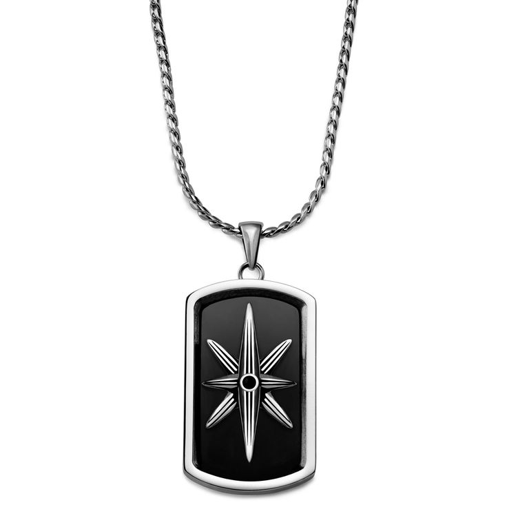 A black onyx backdrop frames a steel star. At its centre, the black zirconia stone creates a specular highlight. A star on a star for a star. Many believe black onyx is a stone of protection, strength, and focus. Every metal element on this men’s dog tag necklace is made of surgical-grade stainless steel, and its chain is adjustable, giving you power over how low it falls. Designed in Denmark. Comes in a signature box. Wooden Jewelry Stand, Box Chain Necklace, Anchor Bracelet, Square Rings, Jewelry Stand, Wooden Jewelry, Dog Tag, Leather Necklace, Necklace Sizes