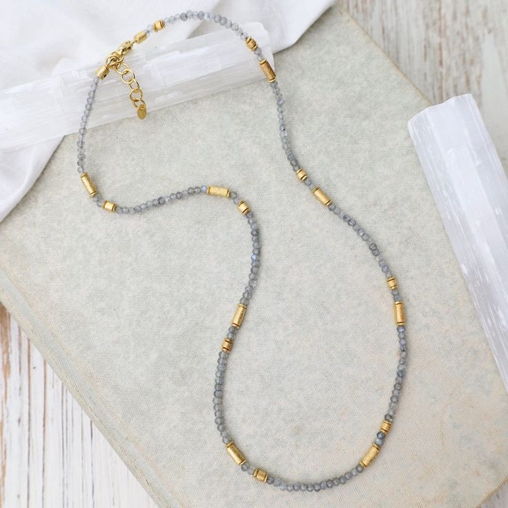 NKL-GPL Labradorite & Gold Tubes Necklace Labradorite Beaded Jewelry, Bohemian Labradorite Beaded Necklaces With Gemstone Beads, Handmade Labradorite Bead Necklace, Handmade Gold Labradorite Beaded Necklaces, Gold Labradorite Necklace With Gemstone Beads, Adjustable Labradorite Gemstone Bead Necklace, Hand-strung Labradorite Gold Jewelry, Gold Labradorite Gemstone Beaded Necklace, Dandelion Jewelry