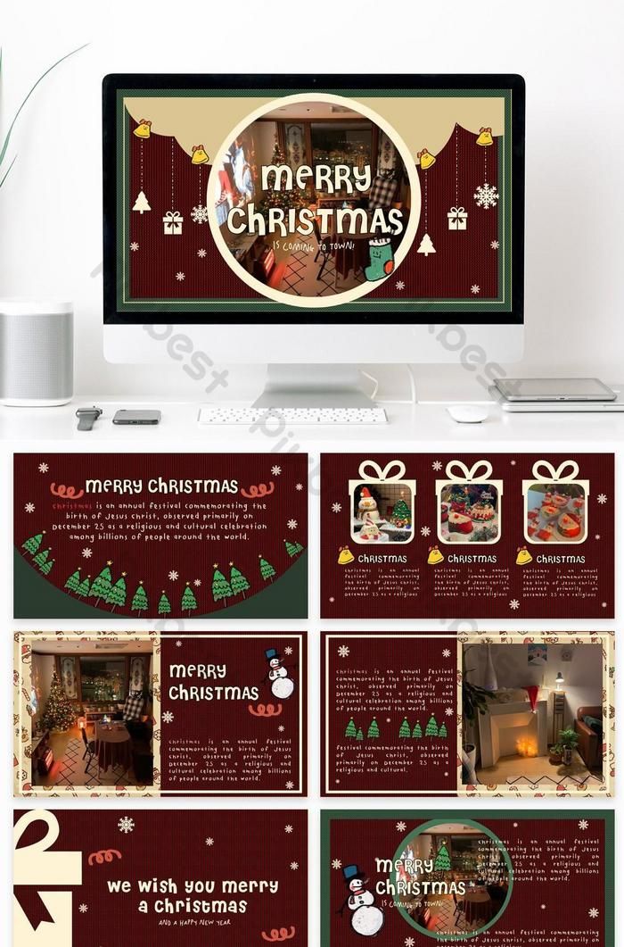 a computer screen with christmas cards on the front and back side, sitting next to a desk